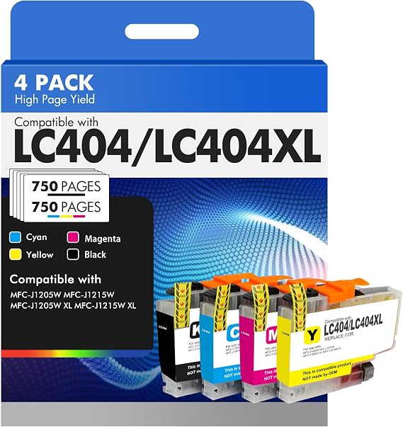 LC404 LC404XL MFC-J1205W Ink Cartridges for Brother Printer 4 Pack | Compatible for Brother LC 404 404XL MFC-J1215W MFCJ1205W MFCJ1215W MFC J1205W J1215W High Yields Black Cyan Magenta Yellow