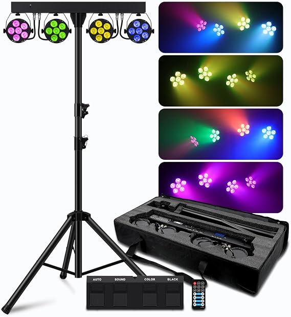 Telbum DJ Stage Lights with Stand, 240W RGBW LED Par Light, DMX, Wireless Footpedal, Remote Control, Sound-Activated Professional DJ Lighting Package for Gig Bar Wedding Party Show Church and Concerts
