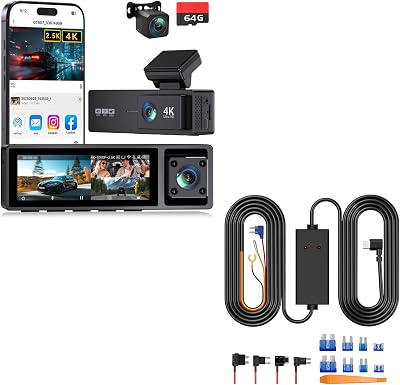 3 Channel Dash Cam Front and Rear, 4K2.5K1080P Front and Rear Inside, 3.2 Screen Dash Camera for Cars, 4 IR Night VisionWith 12V-24V to 5V 3A 11.5ft Type-C Dash Cam Hardwire Kit