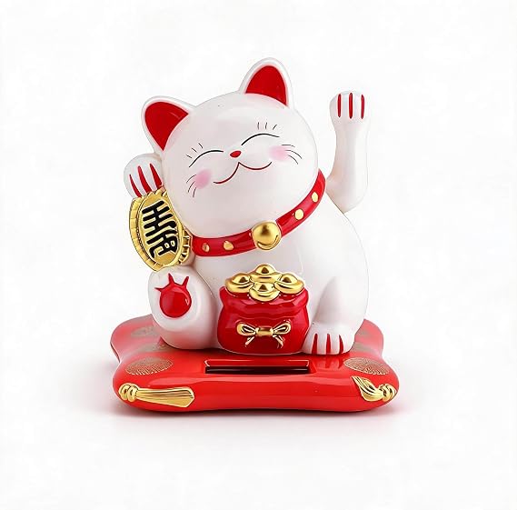 Waving Cat, Solar Powered Cute Waving Cat Good Luck Wealth Welcoming Cats Home Display Car Decor Feng Shui Decoration (White)
