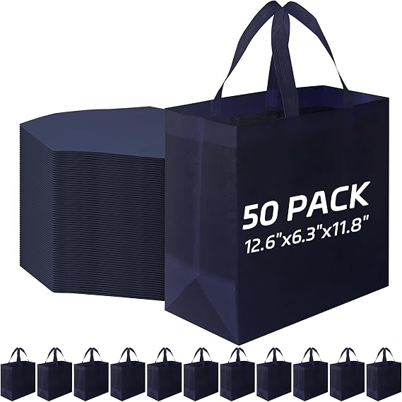 50Pcs Reusable Tote Bags Bulk, Large Shopping Bags Non Woven Grocery Gift Bag with Handles for Party Retail Boutiques, Blue