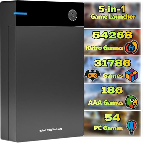 12TB Retro Gaming Hard Drive - 5 in 1 Game Launcher Preloaded 86,000+ Games & 250+ Emulators | Plug & Play External HDD for Windows PC | USB 3.0/SATA 3.0 | AAA & 3D Game Library