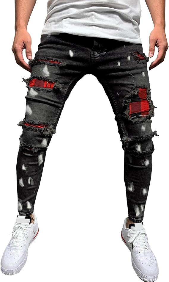 Men's Tapered Leg Comfy Biker Jean Stylish Slim Fit Ripped Jean Pants Stretch Casual Skinny Outdoor Jeans