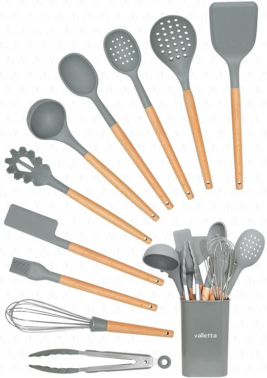Valletta Matis 11 Piece Service Set Gray with Heat Resistant Silicone Fireproof Nonstick Stand