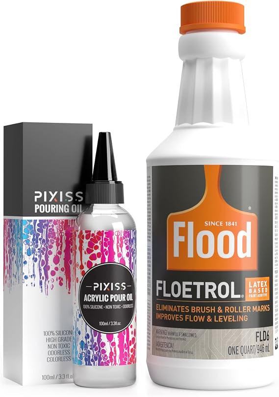 Floetrol Pouring Medium for Acrylic Paint - Flood Floetrol Additive and Pixiss Acrylic Pouring Oil - Perfect Flow 100% Pure High Grade Silicone (100ml/3.3-Ounce)