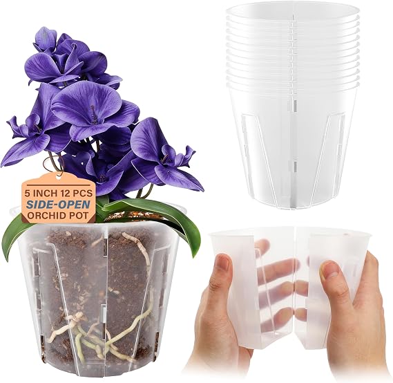 Bluepro 5 Inch Side-Open Orchid Pots 12 Pack, Plastic Nursery Planters with Detachable Side Walls for Easy Repotting, Breathable Slotted Flower Pots with Drainage for Root Health