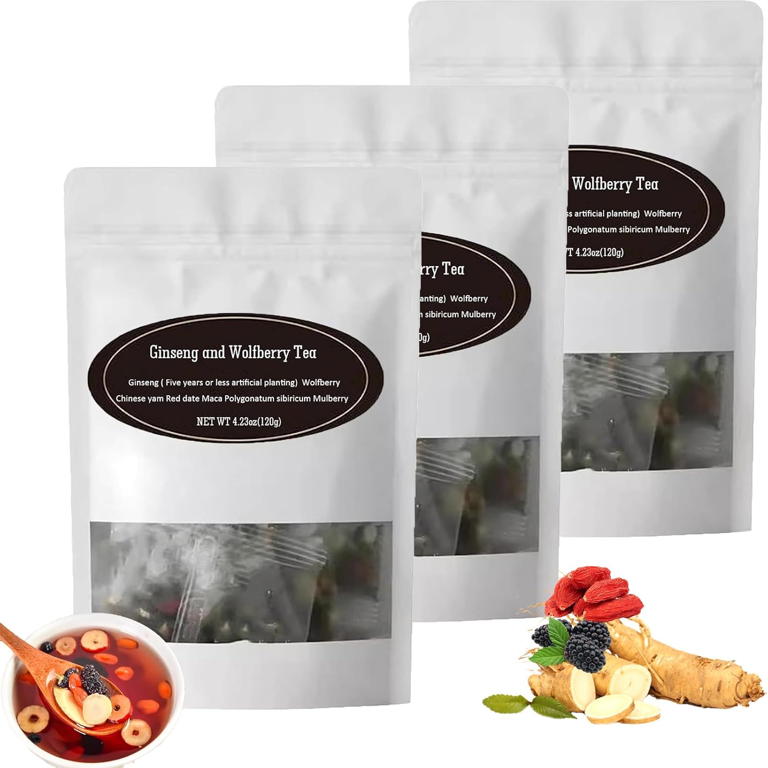 Ginseng and Wolfberry Tea,The Para Iimpiar Los Riñones,Ginseng Nine Treasure Tea,Red Date Wolfberry Mulberry,Kidney tea formula Ginseng Six Treasure Tea for Men Woman 3PCS