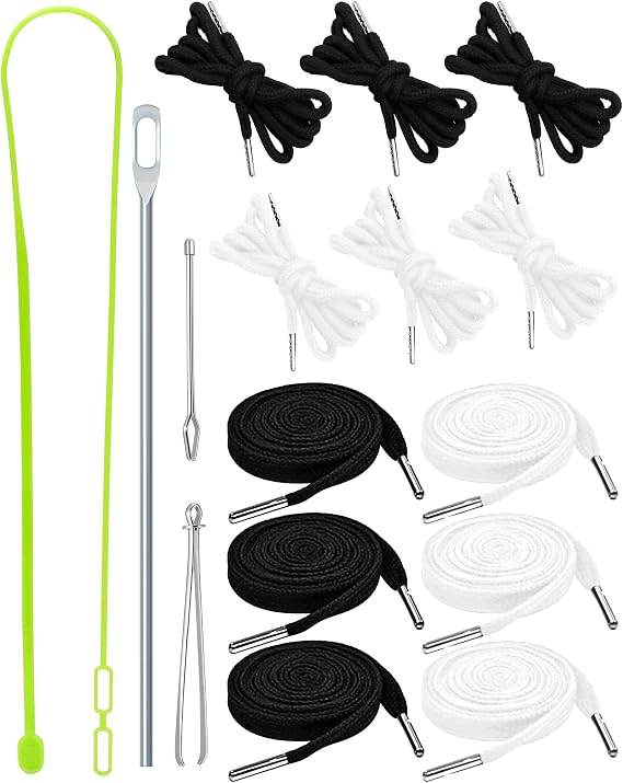 FIVEIZERO Drawstring Cord Kit-12pcs Draw Strings & Drawstring Threader Tool | Flat & Round,Black & White Drawstrings;String Replacement for Pants,Shorts,Shoes,Sweatpants,Bag,Hoodie;Plastic Storage Box