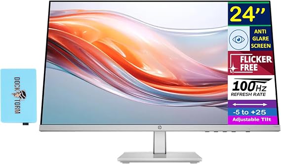 HP Series 5 524sh 24'' FHD IPS Monitor with 5ms Response Time, Anti-Glare, Flicker Free, Low Blue Light, VGA, HDMI, Dockztorm USB Port Expander, Black/Silver Color (94C19AA#ABA)