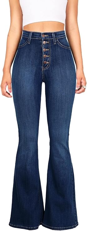 Vibrant Womens Flare Denim Jeans High Waisted Button Up Bell Bottom Stretch Classic Flared Pants