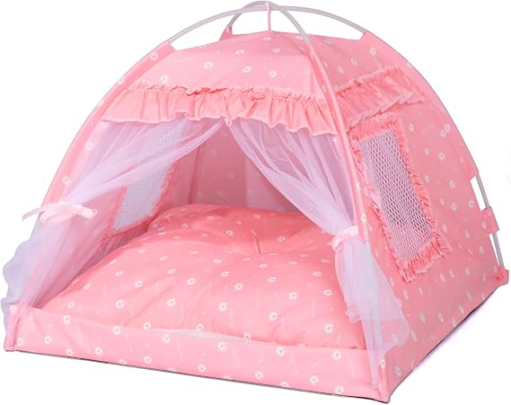 Cat Princess Indoor Tent House, Lace Mesh Cat Bed for Small Pets | Princess Flower Canopy, Breathable Mesh Windows, Removable & Washable, for Indoor Cats, Small Dogs, Puppies