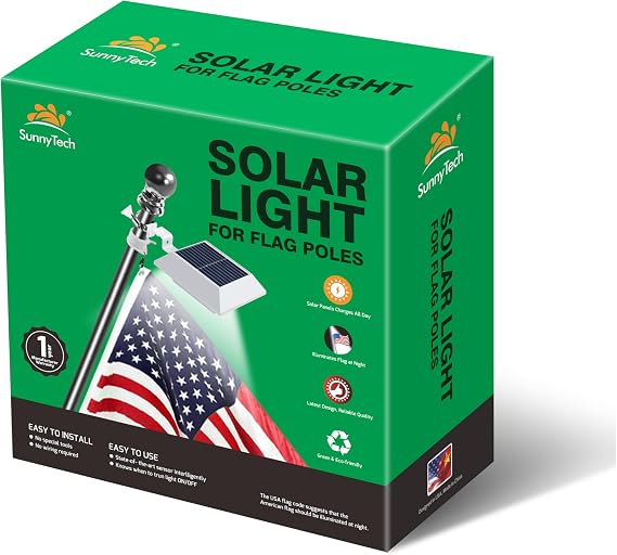 Sunnytech Solar Power Flag Light - Auto Active Brightest, Upgrade Solar Powered Light for 6ft Flag Pole, 12LED Waterproof White