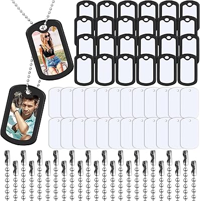 Yinkin Sublimation Blank Dog Tag Set Aluminum White Stamping Double Sided Blank Metal Pendants with Military Silicone Dog Tag Silencer with 23.6 Inch Chain for DIY24 Sets