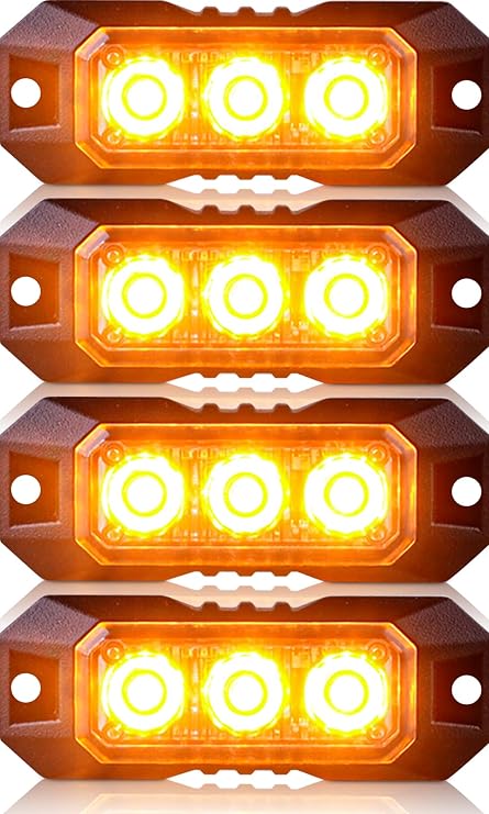 4PCS 3 LED Amber Surface Mount Flashing Strobe Lights for Trucks | Emergency Beacon Warning Hazard Light, LED Grille Light, Sync Feature Ultra Slim Caution Flashing Lights for Vehicles Car ATV