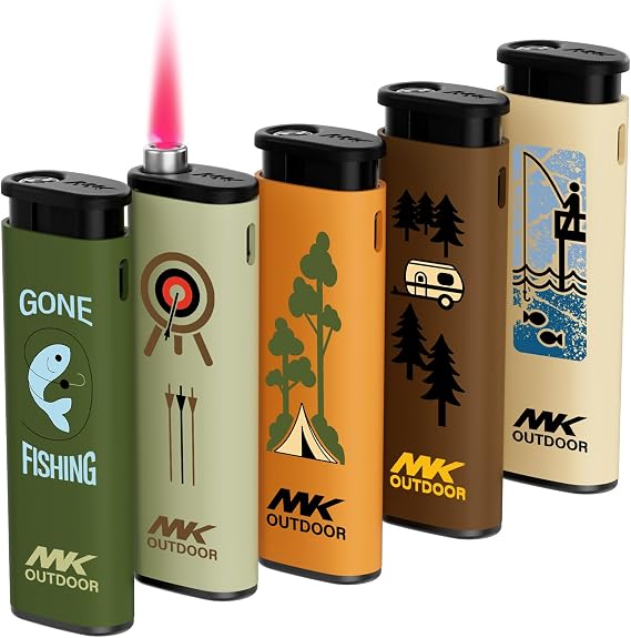 MK Lighter Outdoor Series Alpine Set 5-Pack Assorted Design Multipurpose Refillable, Windproof Flame, Slip Guard Candle & BBQ, Prepping & Camping Supplies, Survival Lighters (Explore)