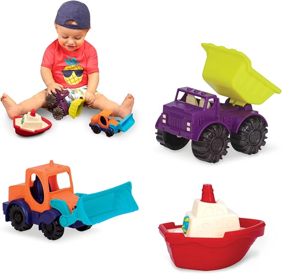 B. toys Mini Beach Toy Cars, Loaders & Floaters Sand Water Playset, Summer | 3-piece sand and water playset with 2 trucks and 1 floating boat for beach, sandbox, pool, tub, or home, Summer, 18+ Months