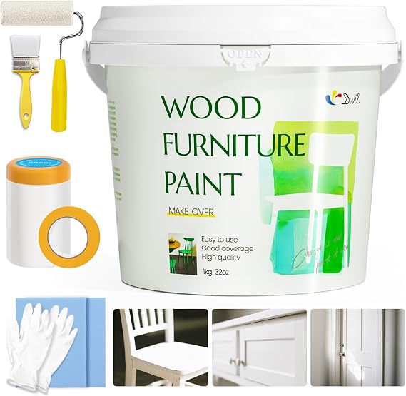 DWIL Wood Furniture Paint 32oz, White Wood Paint for Furniture, Cabinet, Door, Kitchen - Matte, With Tools, Water-Based, Odorless