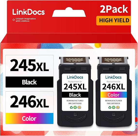 LinkDocs 245XL 246XL Combo Pack Ink Cartridges Replacement for Canon PG-245XL CL-246XL PG-243 CL-244 Work for Pixma TS3120 MG2520 MX492 TR4520 TS202 MG2525 MG3022 Printer (2 Pack, Black & Tri-Color)