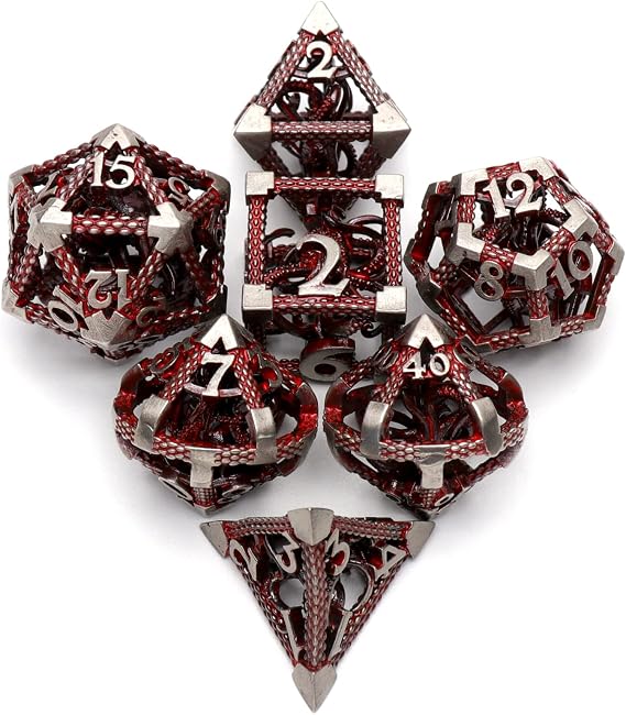 DND Dice Set 7-Piece Hollow Metal RPG Dice for D&D,Blood