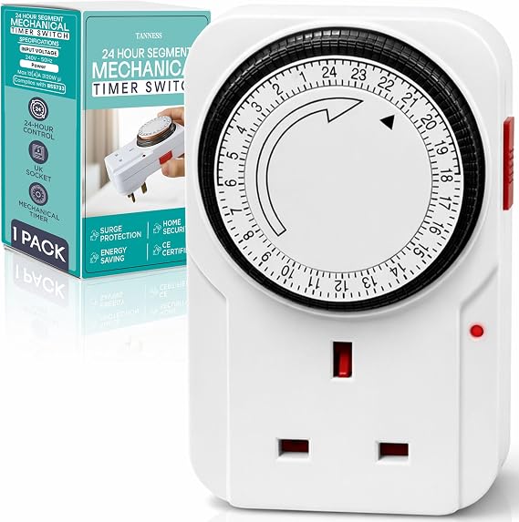 Tanness - 1 Pack Plug-In Timer Switch, 24 Hour Segment Timer Plug Socket UK w/Automatic On/Off for Home Security, Energy Saving, Countdown Control - For Lamps, Heaters & Appliances Up to 3120