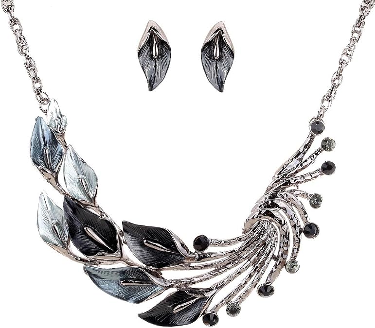 YAZILIND Ethnic Style Tibetan Silver Peacock Crystal Chunky Bib Earrings Necklace Set Wedding Party