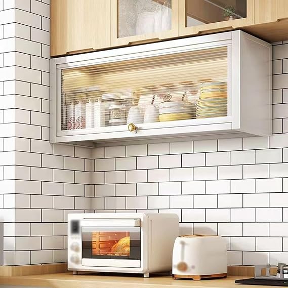Kitchen Floating Pantry Storage Cabinet with Flip Glass Doors Wall Mounted Display Stand Storage Cabinet Rack for Multiple Rooms Multi Scenario Use(40 * 22 * 34.5CM/15.8 * 8.7 * 13.6IN)