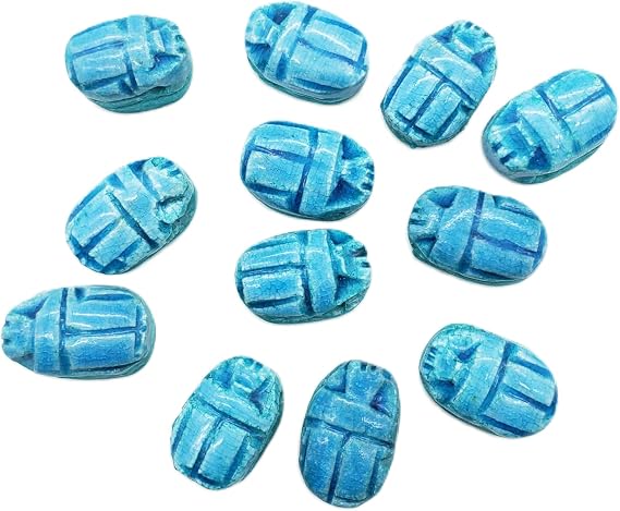 Egyptian Scarab Beads Set of 12 Small - Horizontal Drilled - Light Blue Hand-Carved Soapstone - Ancient Egypt Hieroglyphs - Made in Egypt