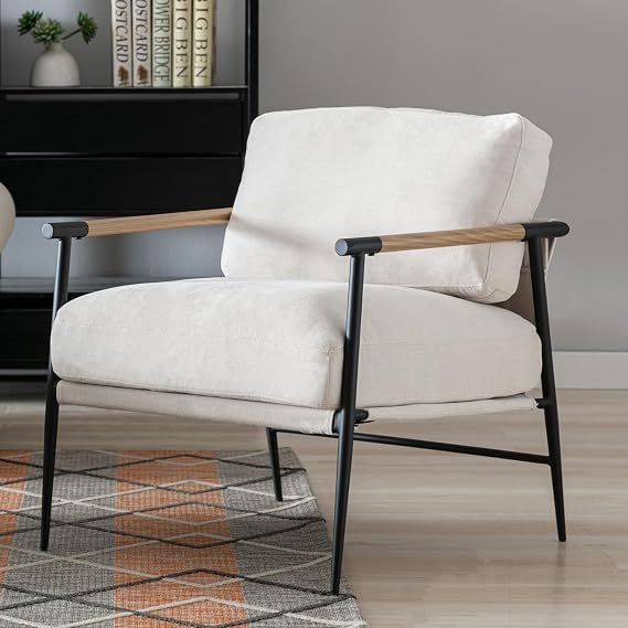 HEAH-YO Modern Accent Chair, Upholstered Chenille Fabric Living Room Chair with Backrest, Comfy Armchair Side Chair for Bedroom, Beige