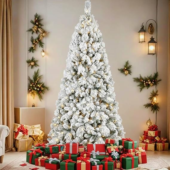4FT Prelit Flocked Christmas Tree with PVC & Needle Branch Tips, Premium Artificial Christmas Tree with 150 Warm White Lights & Snow, Memory Wire Hinged Pre Lit Xmas Trees with Metal Base for Holiday