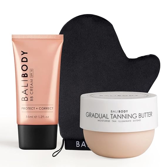 Bali Body Glow Bundle Gradual Tanning Butter 6.76 fl oz (200 ml) + BB Cream SPF 15 Tan Shade 1.2 fl oz (35 ml) + Luxe Velvet Tanning Mitt | Streak-Free, Vegan & Cruelty-Free Kit