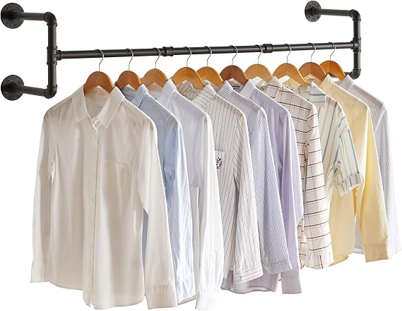 IBUYKE Industrial Pipe Clothes Rack, 50 Inch Wall Mounted Clothing Rack, Space-Saving Hanging Closet Rod, Heavy Duty Multi-Purpose Garment Rack for Closet and Laundry Room(4 Bases), Black TYJ002H