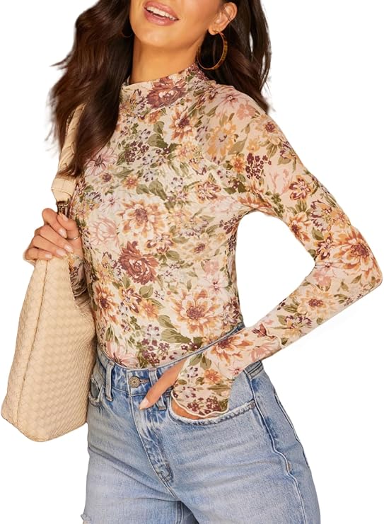 Dressmine Long Sleeve Mesh Tops for Women Mock Neck Floral Blouse Layering Sexy Fitted Going Out Top