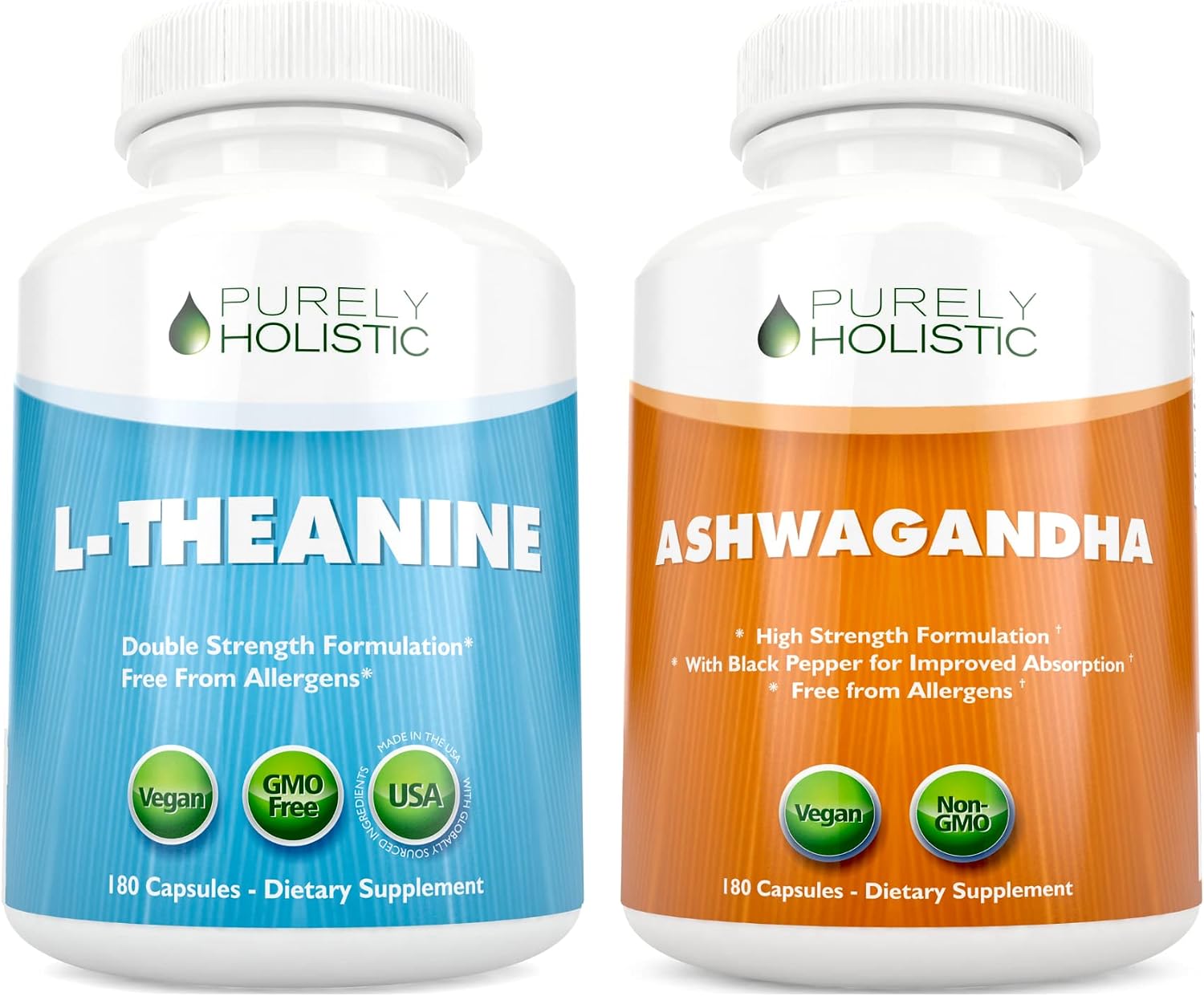 Purely Holistic L-Theanine 200mg  Organic Ashwagandha 1300mg & Black Pepper - Vegan Bundle - 360 Capsules - Made in USA