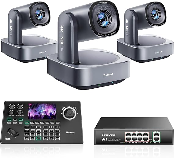 Tenveo 4K PTZ Camera and Controller Bundle - 20X AI Tracking HDMI/USB3.0/LAN(PoE) 4K NDI PTZ Camera(3PCS) and 5'' LCD Screen NDI Joystick Controller + PoE Switch for Church Events Live Streaming