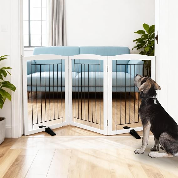 Dog Fence Indoor,Dog Gate Indoor for Doorway pet gate -3-Panel Freestanding, Hallways, House or Stairs -60x32-Inch Retractable Foldable Expandable Wood Pet by SFJC (White)