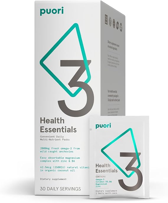 Puori P3 Health Essentials with Magnesium Zinc Complex, Omega 3 Fish Oil & Vitamin D3 Supplements - Men & Womens Daily Multi-Vitamins for Immune System Support & Overall Health - 30 Servings