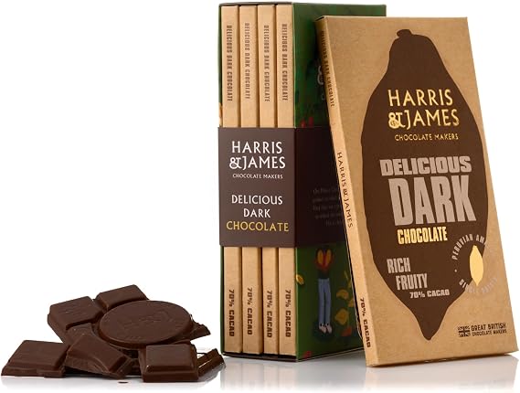 Harris & James 4 x Delicious Dark 70% Dark Chocolate Bar Library Pack, Handcrafted Bean To Bar Chocolate In A Gift Box Made From Cuencas de Huallaga Cacao (86g x 4 Bars)