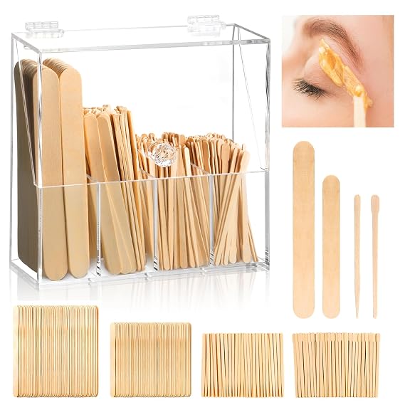 300 Pcs Wood Wax Applicator Kit 4 Style Wax Applicator Sticks with 4 Compartments Waxing Sticks Organizer Small Medium Large Waxing Applicators Waxing Sticks Assorted for Body Legs Face Nose Eyebrows