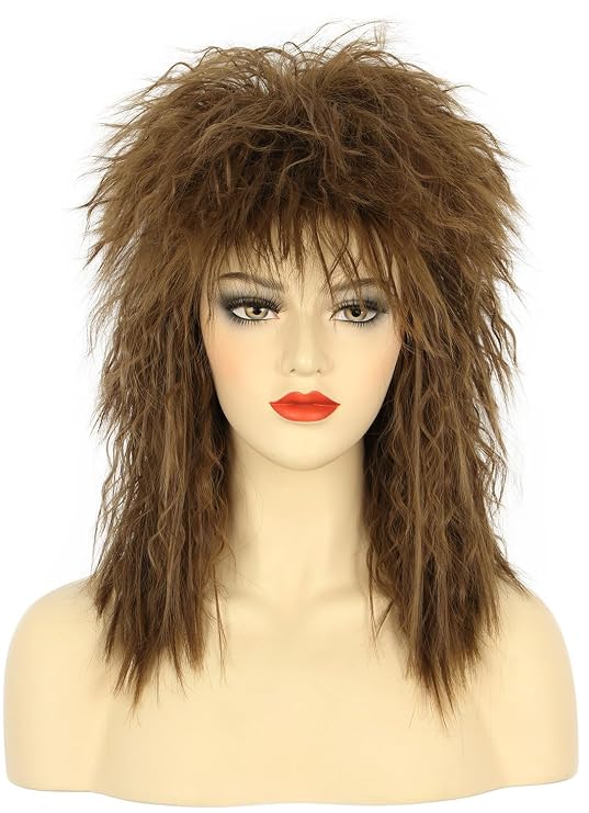 karlery Women Men Long Curly Brown Wig 70s 80s Rocker Mullet Costume | Halloween Cosplay Party Wig