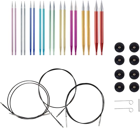 Knit Picks Aluminum Interchangeable Circular Knitting Needles Set (Prism) | 9 sizes of 4.75 inch long knitting needles with color-coordinated sizes, includes cables, end caps, and connectors.