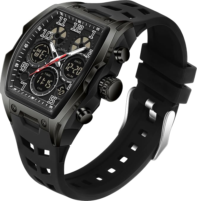 Men's Watch Relojes para Hombres Digital Analog Watches Tonneau Unique Sport Military Tactical Wrist Watch Waterproof Wristwatches with Stopwatch Alarm Countdown Luminous Calendar Curved Screen