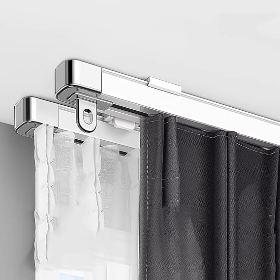 Double Row Curtain Track Wall Mounted, Heavy-Duty Room Divider Rails for Living Room Bedroom Room, Blackout Valance Brackets Rail, Low Profile Glides(1.15-2.1m(3.7-6.8ft))