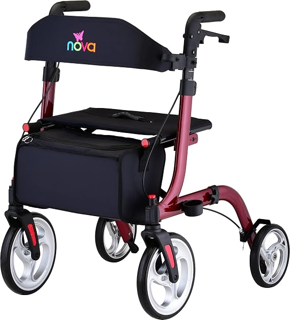 NOVA Medical Products Express Rollator Walker, Large 10 & 8 Wheels, Compact Foldable & Free Standing, Easy to Fold, Lift & Carry,  with Cane Holder, Red