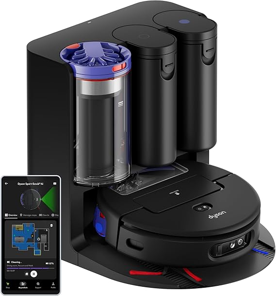 Dyson Spot+Scrub™ AI Wet Robot Vacuum with Mop - 18,000 PA - 200m runtime - AI Stain Elimination - Hardfloors & 4× Carpet Suction Boost for Pet Hair - 3in1 Self‑Cleaning/Self-Emptying Refill Dock