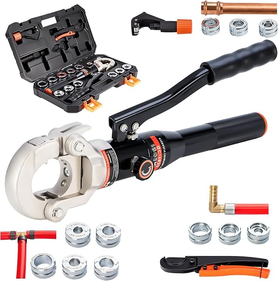 Hydraulic Copper Pipe Tube Fittings Crimping Tool with1/2,3/4,1" Dies for Copper Pipe and F877 Stainless PEX Press Sleeves,3/8",1/2",5/8",3/4",1" Dies for ASTM F1807 Pex Pipe Copper Ring