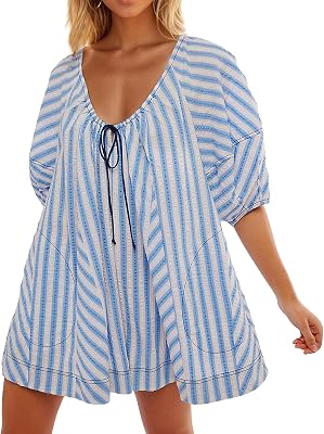 Lastesso Rompers for Women Trendy Oversized Summer Romper Dress with Pockets Loose Summer Vacation Overalls Tie Neck Outfits