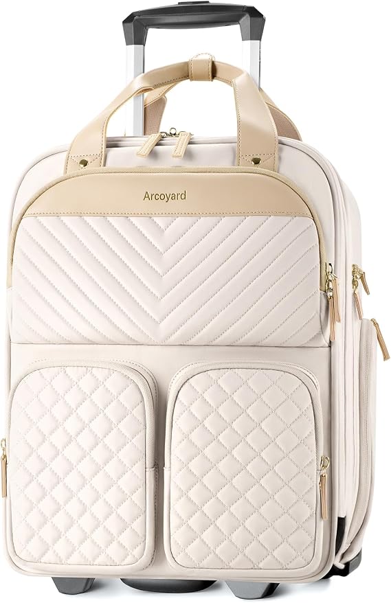 Arcoyard Underseat Carry On Luggage with Wheels, Lightweight Travel Airline Approved Personal Item Bag, Multiple Compartments Carry-On Rolling Suitcase for Women, Beige