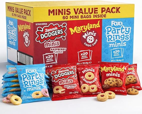 Fox Mini Biscuit Variety Pack 60 Count – Jammie Dodgers, Maryland Choc Chip & Party Rings Minis – Individually Wrapped Snack Packs – Kids Lunchbox, Party & Bulk Biscuits UK
