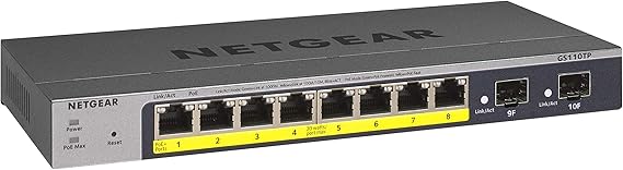NETGEAR 10-Port PoE Gigabit Ethernet Smart Switch (GS110TP) - Managed, with 8 x PoE+ @ 55W, 2 x 1G SFP, Optional Insight Cloud Management, Desktop or Wall Mount