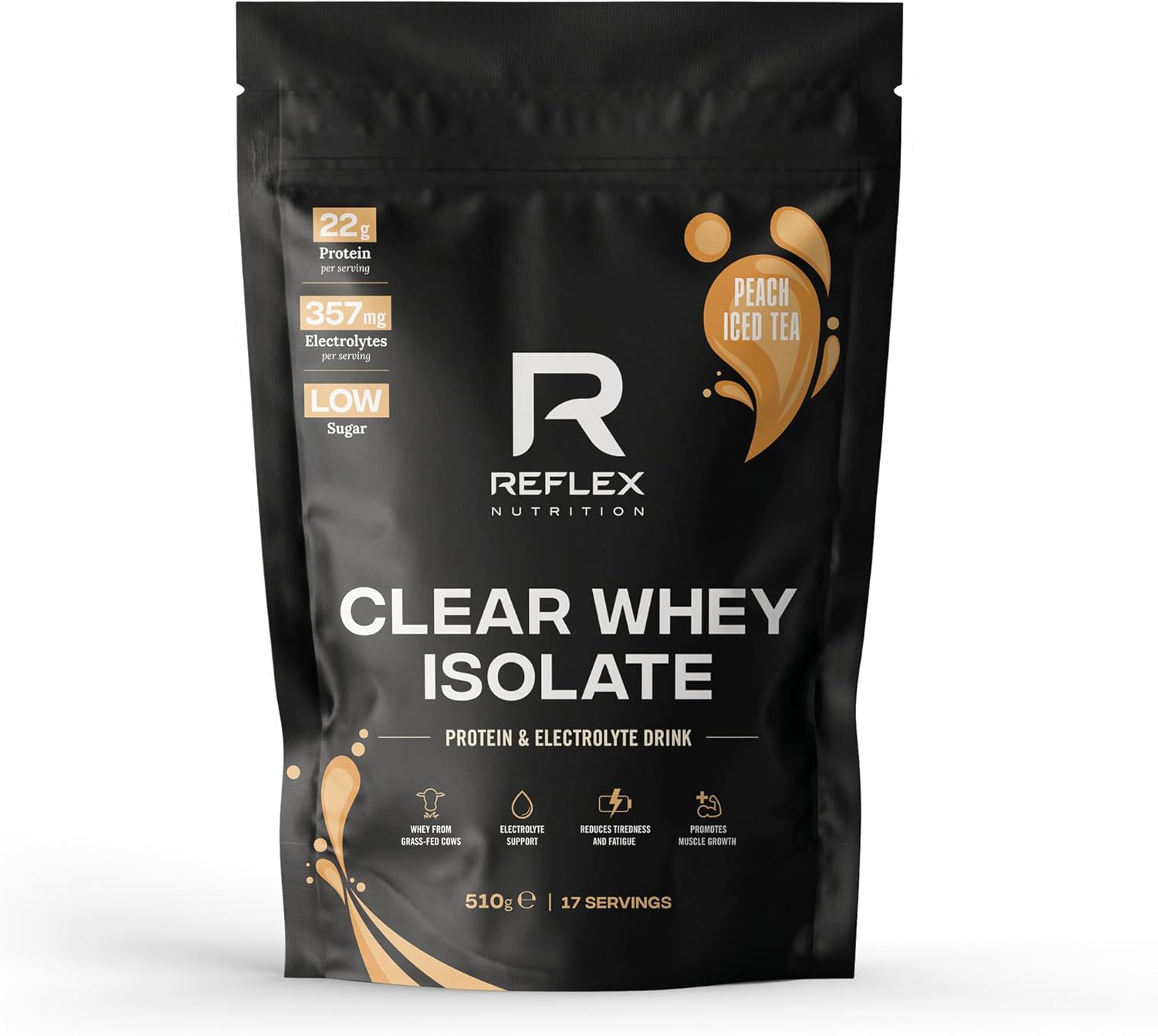 Reflex Nutrition Clear Whey Isolate Protein Powder - High Protein (22g), Low Fat, Low Sugar - Muscle Growth & Hydration - Juicy, Light and Refreshing - No Frothing (Peach Iced Tea, 510g, 17 Servings)